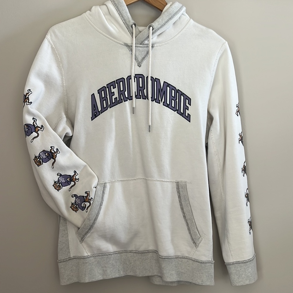 Vintage Abercrombie & Fitch Tiger Mascot Logo Cream Hoodie Sweatshirt | S